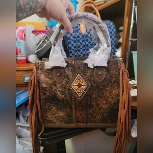 Genuine hair-on cowhide on the front Aztec embossed pattern Satchel